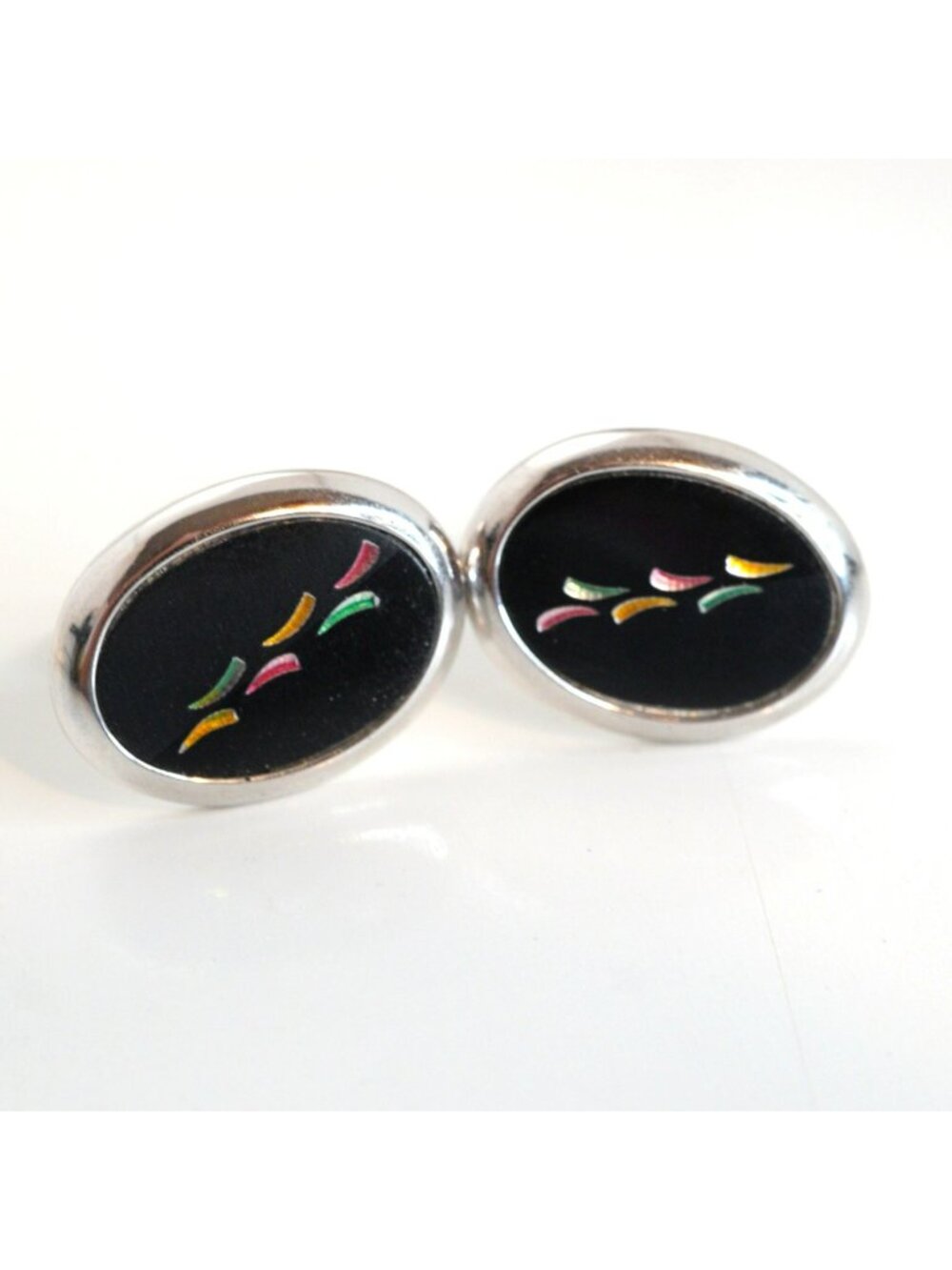 Vintage Swank Oval Black Enamel Cufflinks Silver Tone Multicolor Inlay